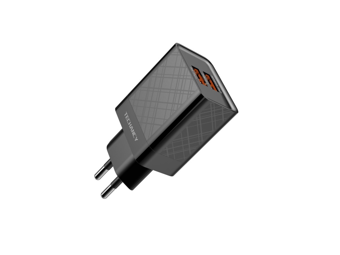 Cargador USB Techancy 2.4A Negro TA2758, 2 salidas USB, chip inteligente integrado, carga simult