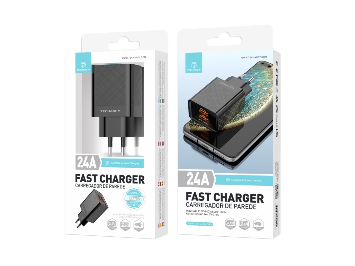 Cargador USB Techancy 2.4A Negro TA2758, 2 salidas USB, chip inteligente integrado, carga simult