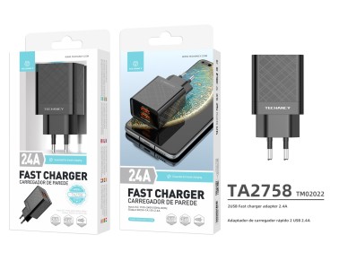 Techancy Carregador Usb 2.4A Preto TA2758, 2usb Output, Chip Inteligente Integrado, Carregamento Si Techancy Carregador Usb 2.4A Preto TA2758, 2usb Output, Chip Inteligente Integrado, Carregamento Si