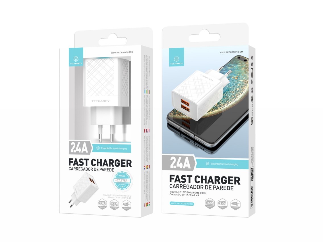 Cargador USB Techancy 2.4A Blanco TA2758, 2 salidas USB, chip inteligente integrado, carga simult