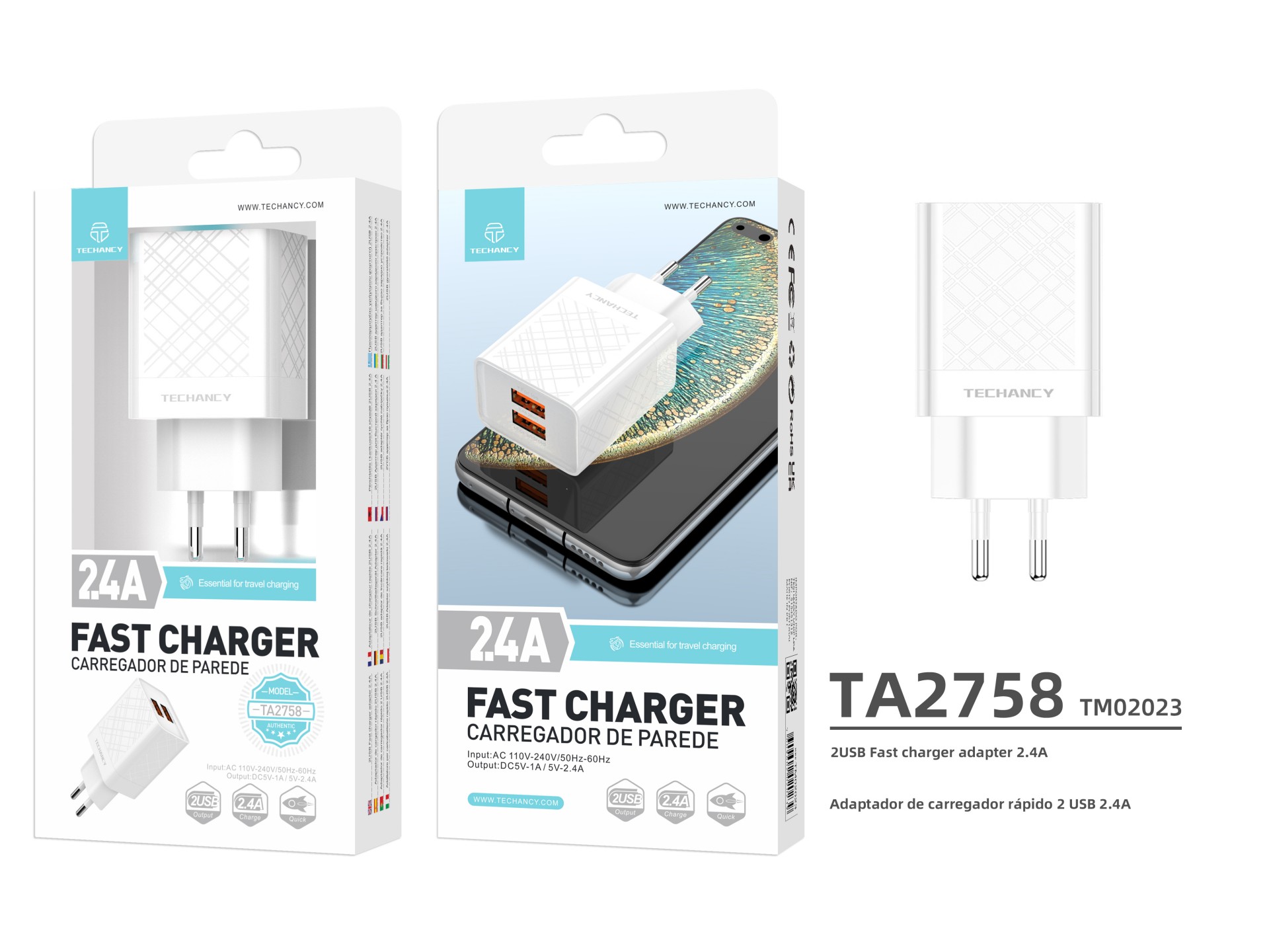Cargador USB Techancy 2.4A Blanco TA2758, 2 salidas USB, chip inteligente integrado, carga simult