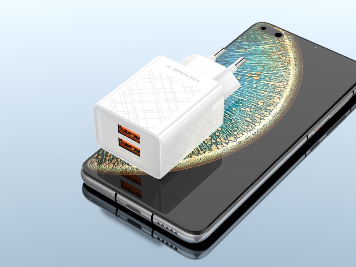 Cargador USB Techancy 2.4A Blanco TA2758, 2 salidas USB, chip inteligente integrado, carga simult