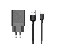 Techancy Carregador Usb 2.4A Preto  TA2759, Kit De Cabos Ip7/X/11-14, 1m 2.4A, Chip Inteligente Inco