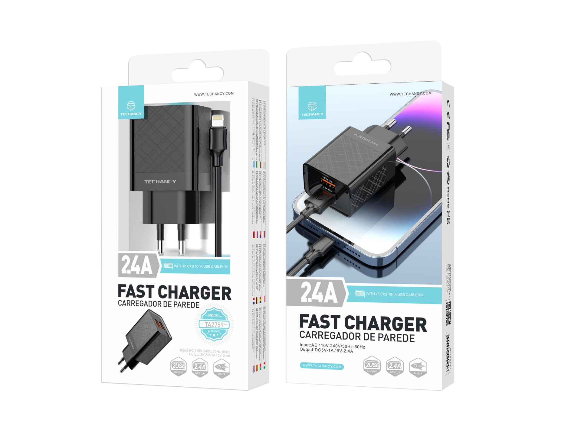 Techancy Carregador Usb 2.4A Preto TA2759, Kit De Cabos Ip7/X/11-14, 1m 2.4A, Chip Inteligente Inco