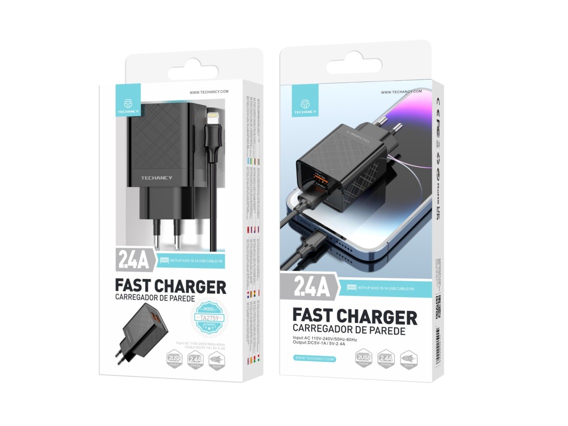 Cargador USB Techancy 2,4 A Negro TA2759, Kit de cable IP7/X/11-14, 1 m 2,4 A, Chip inteligente inco