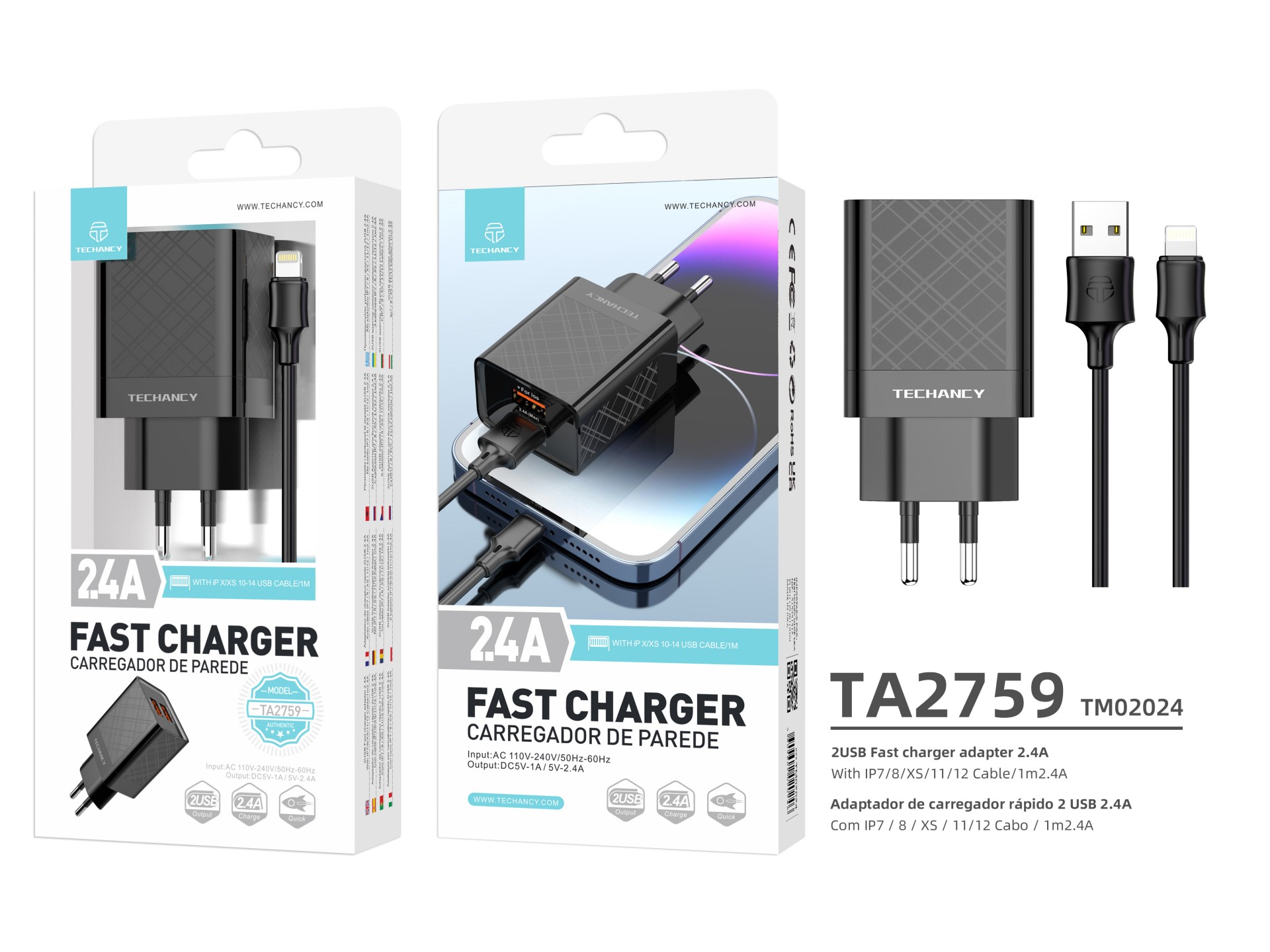 Techancy Carregador Usb 2.4A Preto TA2759, Kit De Cabos Ip7/X/11-14, 1m 2.4A, Chip Inteligente Inco