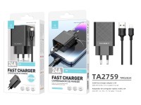 Techancy Carregador Usb 2.4A Preto  TA2759, Kit De Cabos Ip7/X/11-14, 1m 2.4A, Chip Inteligente Inco