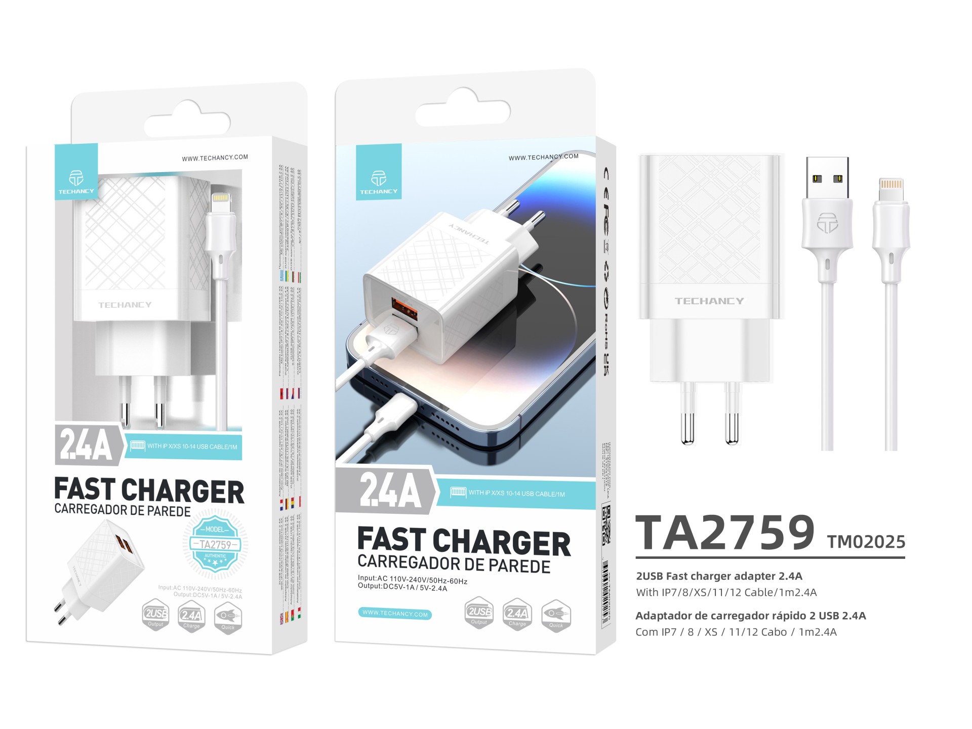 Techancy Carregador Usb 2.4A Branco TA2759, Kit De Cabos Ip7/X/11-14, 1m 2.4A, Chip Inteligente Inc