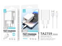 Techancy Carregador Usb 2.4A Branco TA2759, Kit De Cabos Ip7/X/11-14, 1m 2.4A, Chip Inteligente Inc Techancy Carregador Usb 2.4A Branco TA2759, Kit De Cabos Ip7/X/11-14, 1m 2.4A, Chip Inteligente Inc