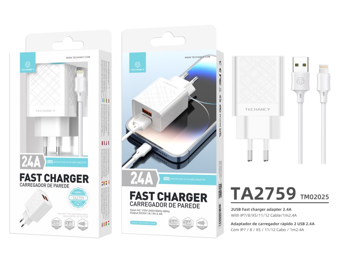 Techancy Carregador Usb 2.4A Branco TA2759, Kit De Cabos Ip7/X/11-14, 1m 2.4A, Chip Inteligente Inc