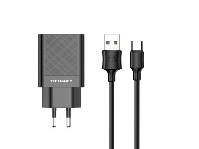 Techancy Carregador Usb 2.4A Preto  TA2761, Kit De Cabos USB-TIPO C, 1m 2.4A, Chip Inteligente Incor