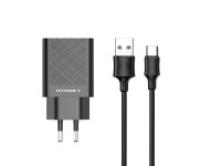 Techancy Carregador Usb 2.4A Preto  TA2761, Kit De Cabos USB-TIPO C, 1m 2.4A, Chip Inteligente Incor