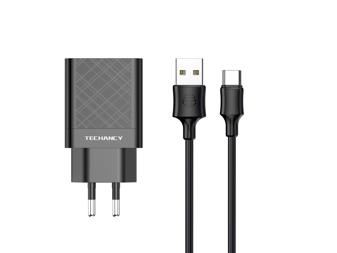 Techancy Usb Charger 2.4A Black TA2761, USB-TYPE C Cable Kit, 1m 2.4A, Built-in Smart Chip.