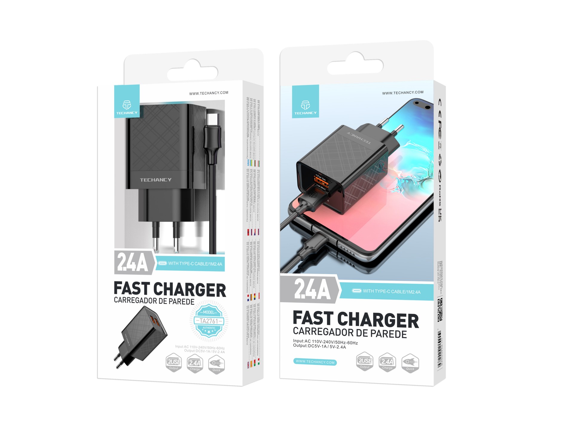 Techancy Usb Charger 2.4A Black TA2761, USB-TYPE C Cable Kit, 1m 2.4A, Built-in Smart Chip.