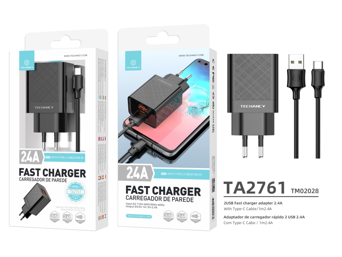 Techancy Usb Charger 2.4A Black TA2761, USB-TYPE C Cable Kit, 1m 2.4A, Built-in Smart Chip.