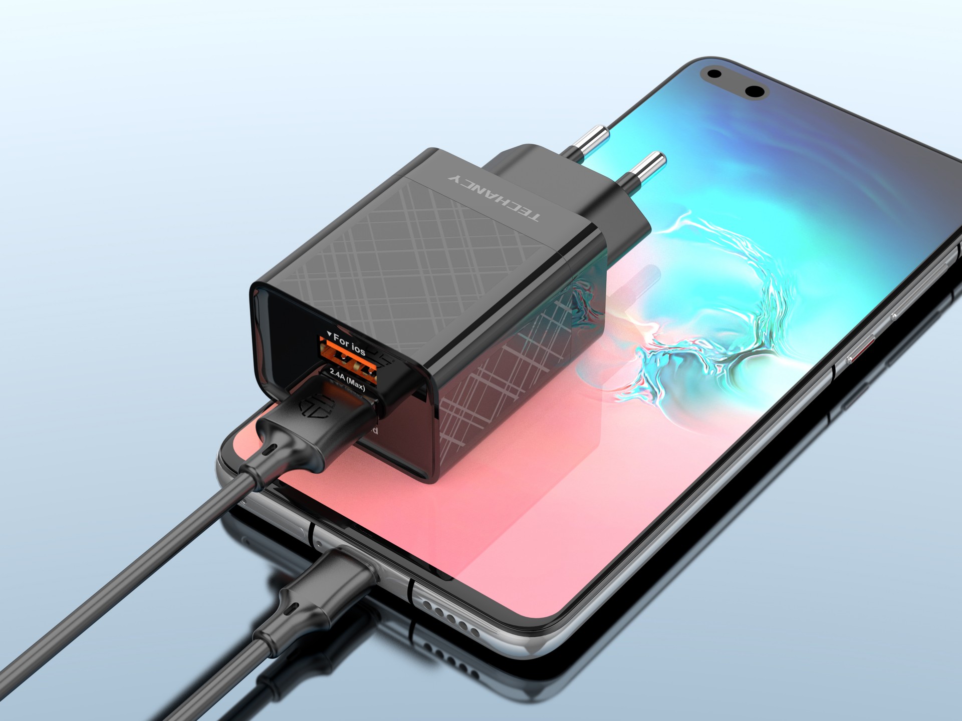 Techancy Usb Charger 2.4A Black TA2761, USB-TYPE C Cable Kit, 1m 2.4A, Built-in Smart Chip.