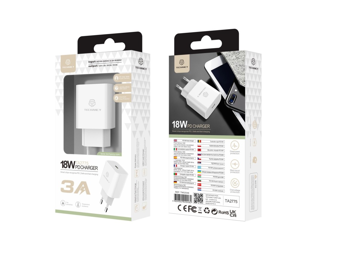 Techancy Carregador Pd 18w TA2775, Carregamento Rápido De 3A, Compacto E Portátil, Adequado Para Mui