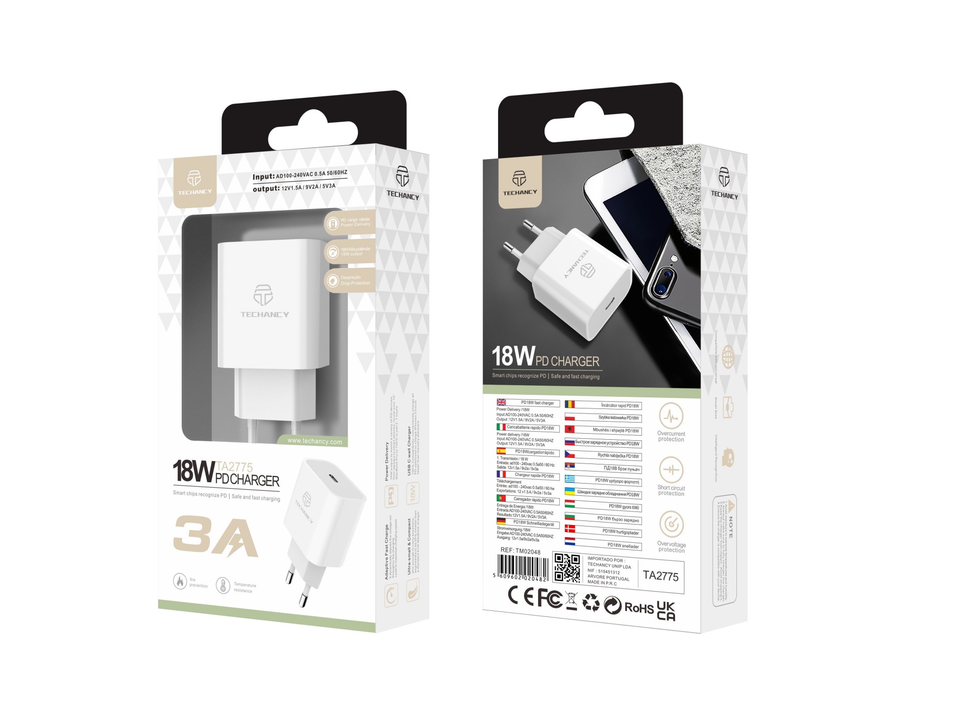 Techancy Carregador Pd 18w TA2775, Carregamento Rápido De 3A, Compacto E Portátil, Adequado Para Mui