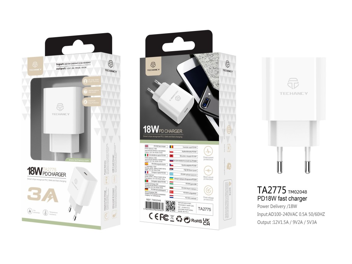 Techancy Carregador Pd 18w TA2775, Carregamento Rápido De 3A, Compacto E Portátil, Adequado Para Mui