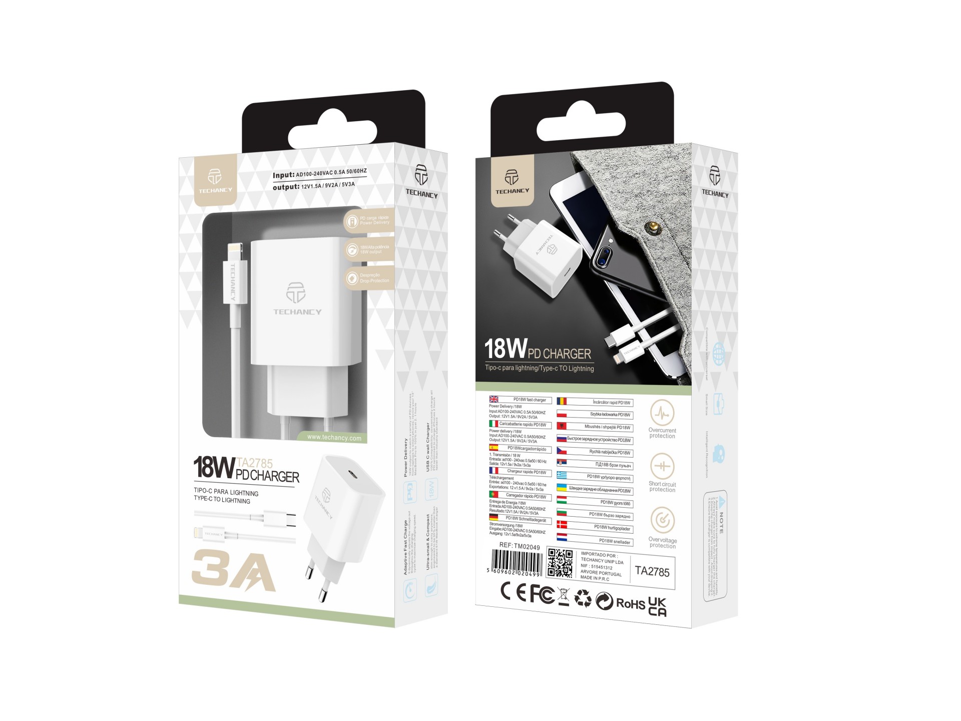 Techancy Carregador Pd 18w TA2785, Conjunto De Cabos Usb C-Lightning, Carregamento Rápido 3A, Compac