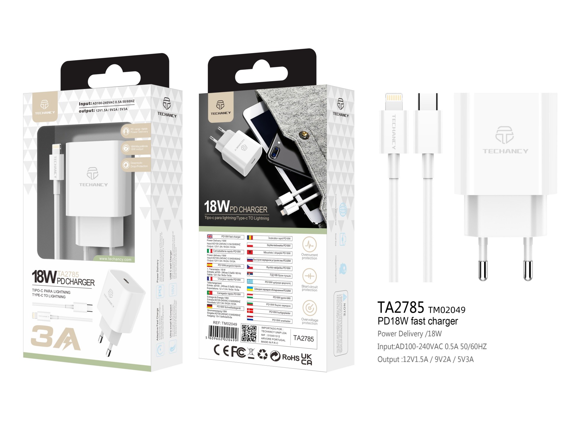 Techancy Carregador Pd 18w TA2785, Conjunto De Cabos Usb C-Lightning, Carregamento Rápido 3A, Compac