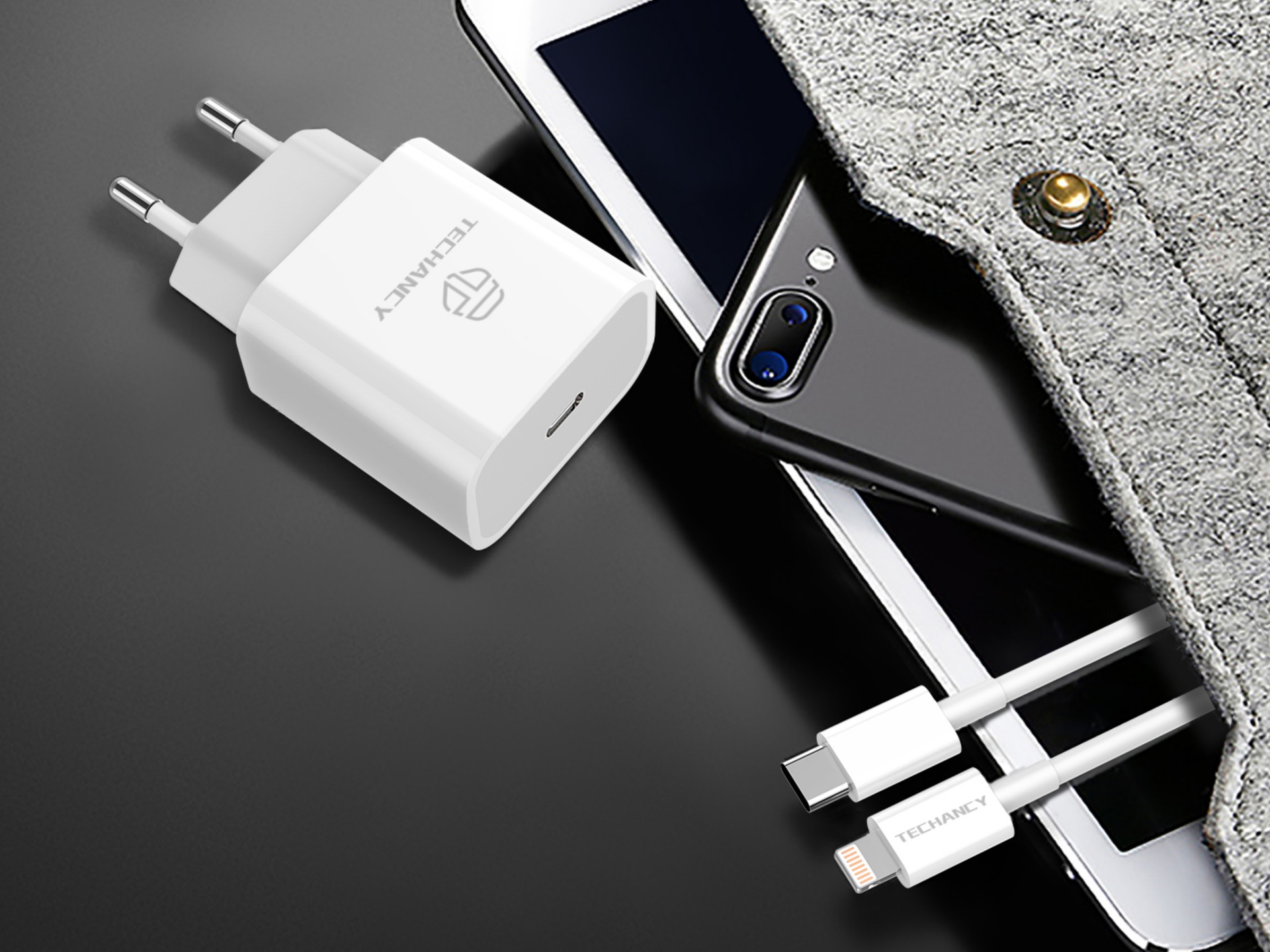 Techancy Carregador Pd 18w TA2785, Conjunto De Cabos Usb C-Lightning, Carregamento Rápido 3A, Compac