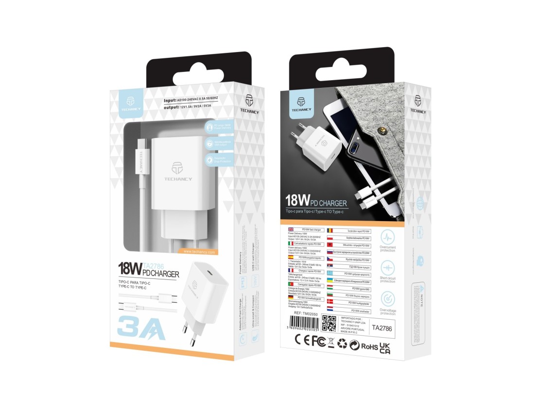 Techancy 18W PD Charger TA2786, USB-C to Lightning Cable Set, 3A Fast Charging, Compact and Portable