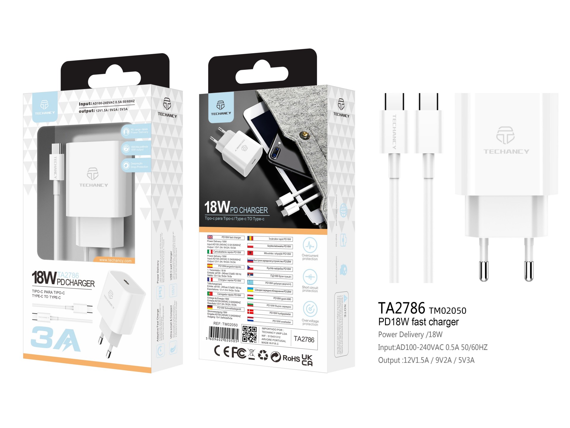 Techancy 18W PD Charger TA2786, USB-C to Lightning Cable Set, 3A Fast Charging, Compact and Portable