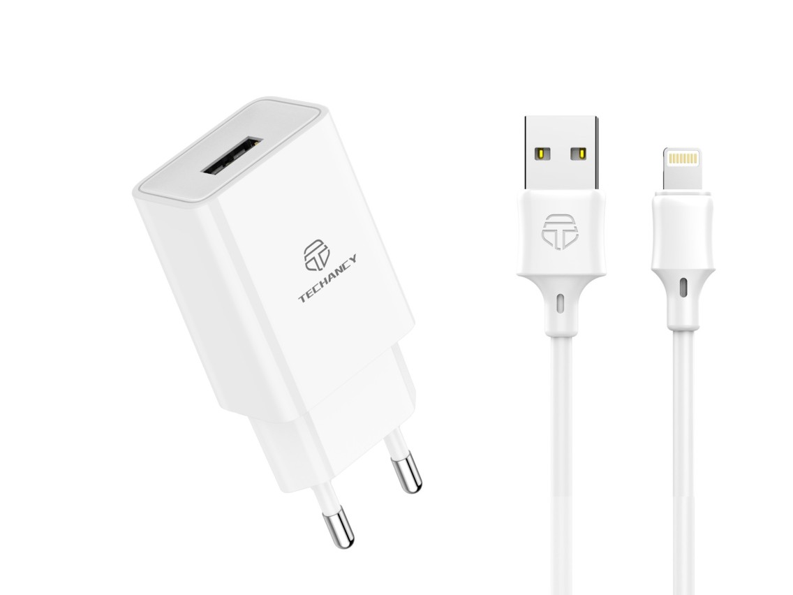 Techancy White Mobile Phone Charger TA2787, USB Output 5V-2.4A Charging, USB-IP Cable Charger Set 1m
