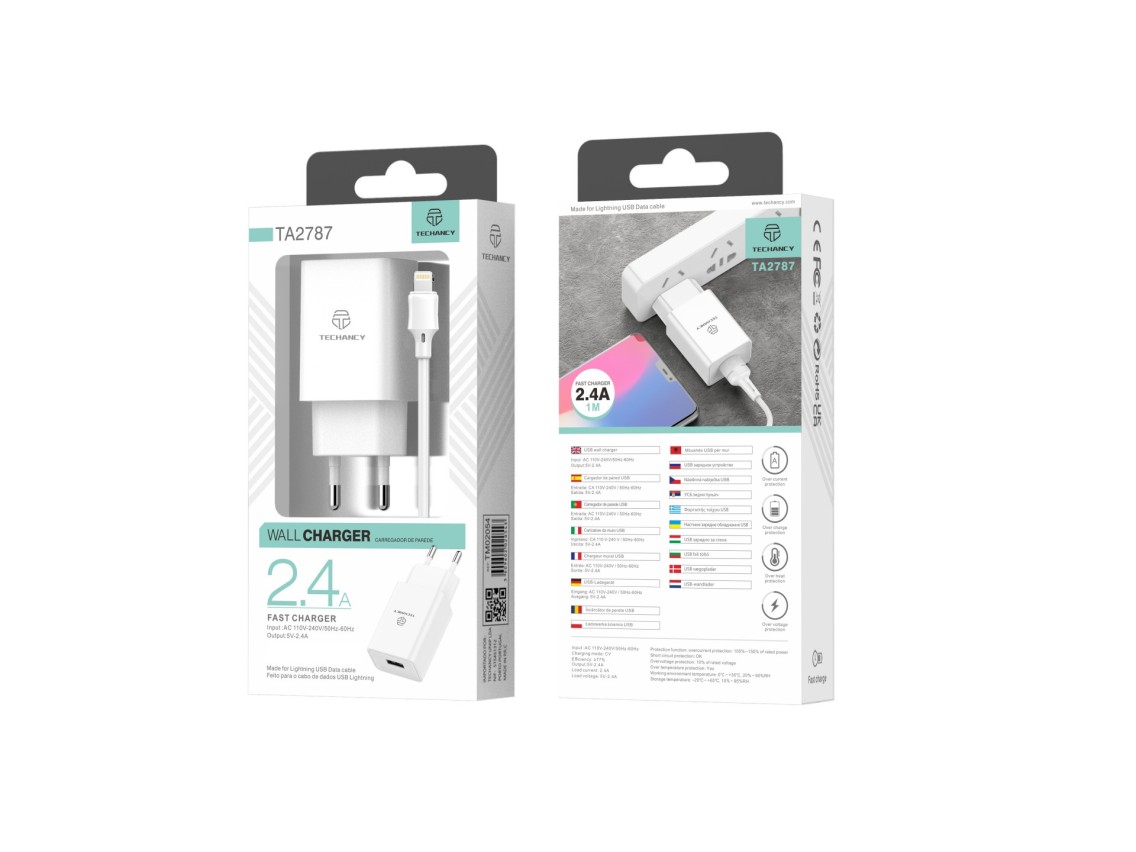 Techancy White Mobile Phone Charger TA2787, USB Output 5V-2.4A Charging, USB-IP Cable Charger Set 1m