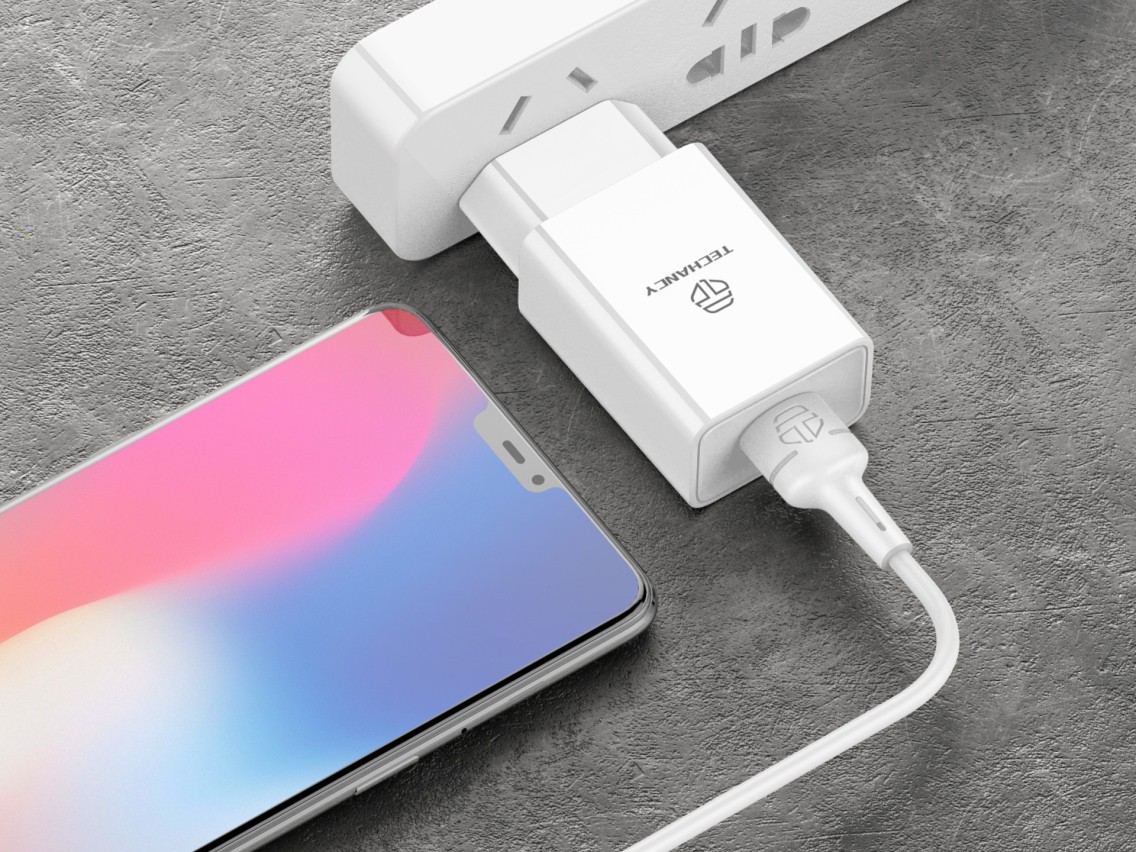 Techancy White Mobile Phone Charger TA2787, USB Output 5V-2.4A Charging, USB-IP Cable Charger Set 1m
