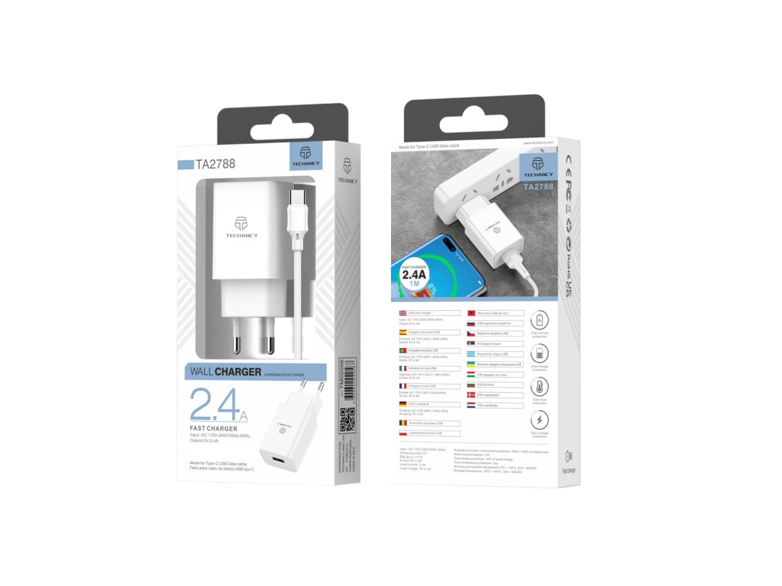 Techancy White Mobile Phone Charger TA2788, USB Output 5V-2.4A Charging, USB Type-C Cable Charger Se