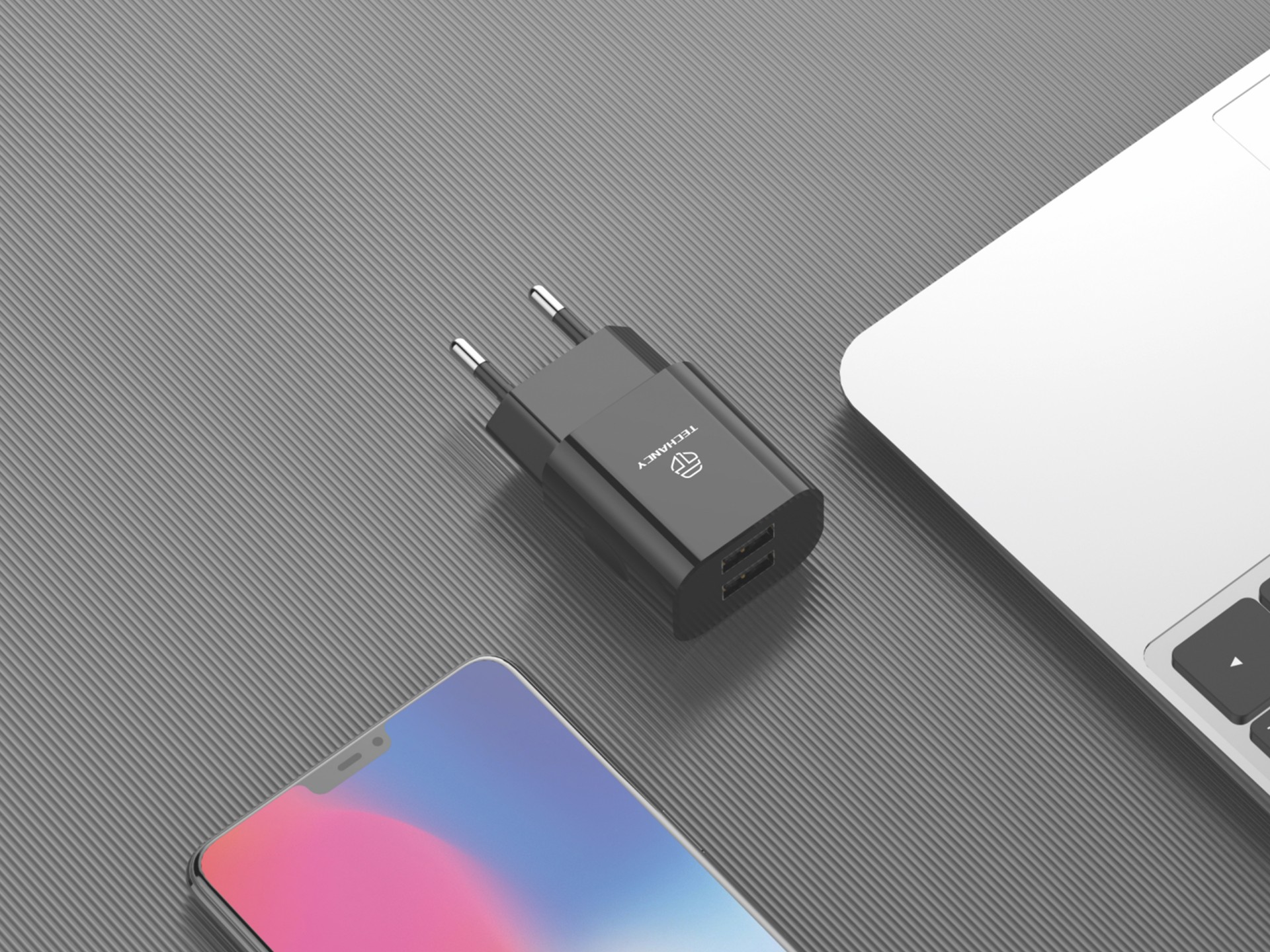 Techancy TA2790 Black 2-USB Wall Charger, 5V-2.4A Charging, 1m Lightning Cable Set, Compatible with