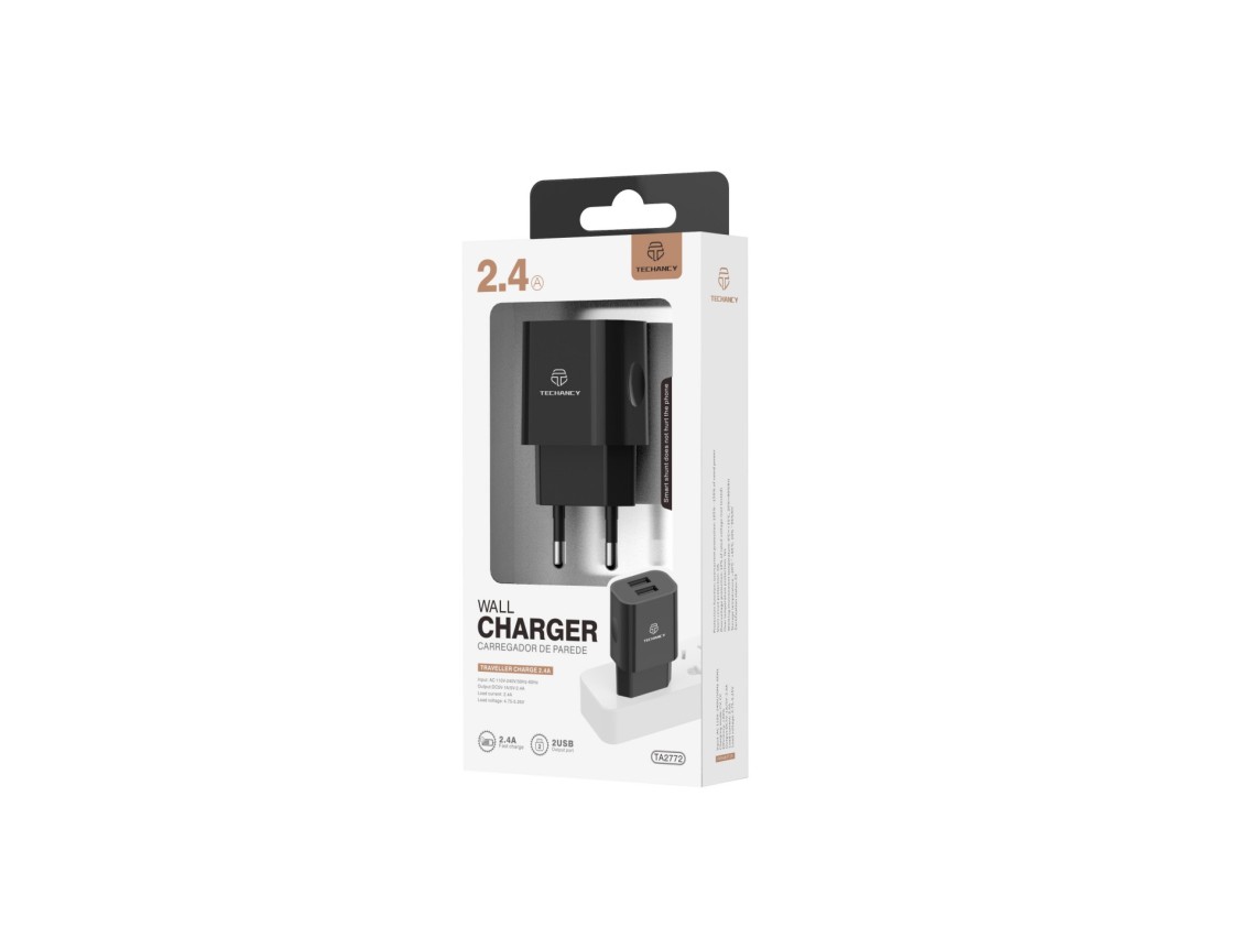 Techancy TA2790 Black 2-USB Wall Charger, 5V-2.4A Charging, 1m Lightning Cable Set, Compatible with