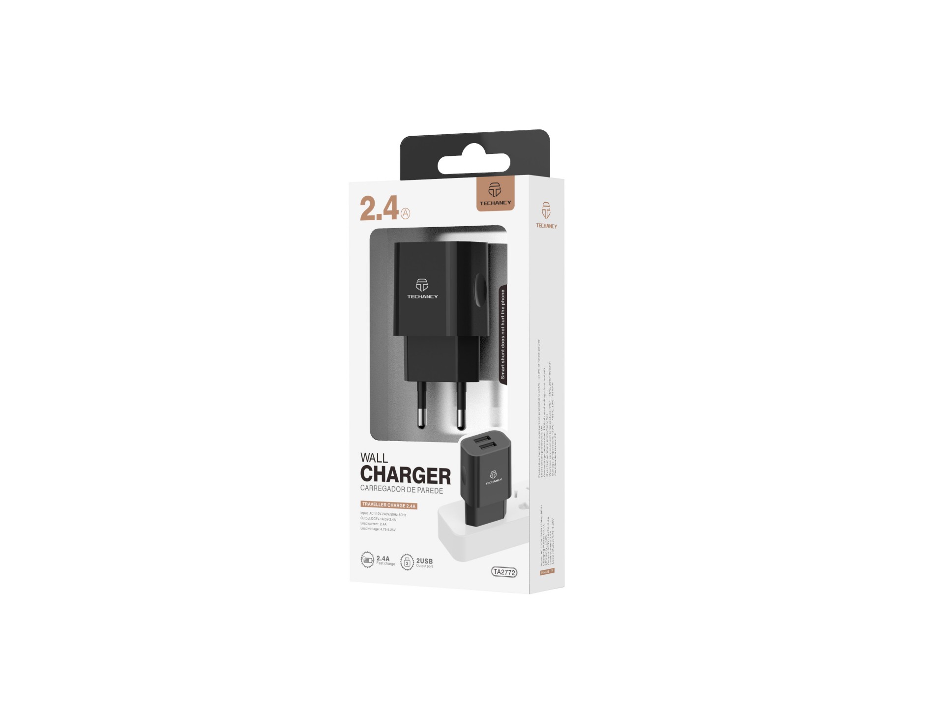 Techancy TA2790 Black 2-USB Wall Charger, 5V-2.4A Charging, 1m Lightning Cable Set, Compatible with