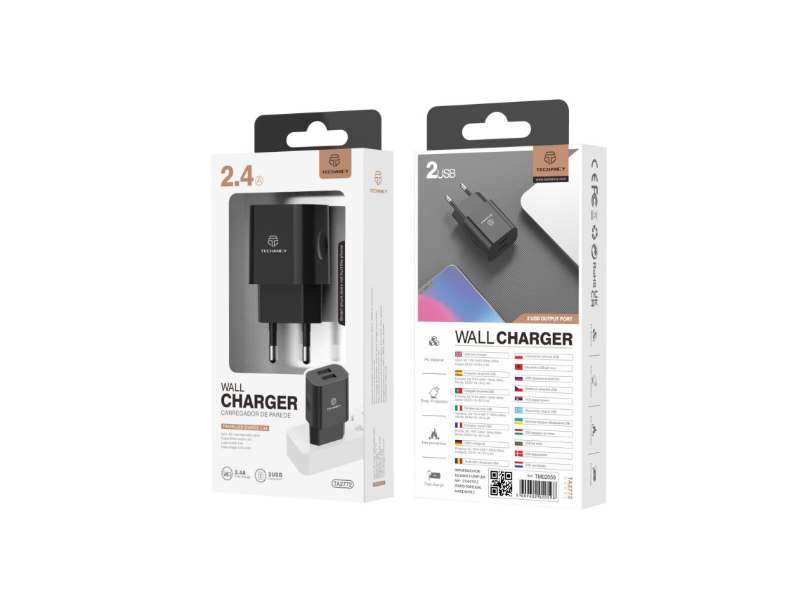 Techancy TA2790 Black 2-USB Wall Charger, 5V-2.4A Charging, 1m Lightning Cable Set, Compatible with