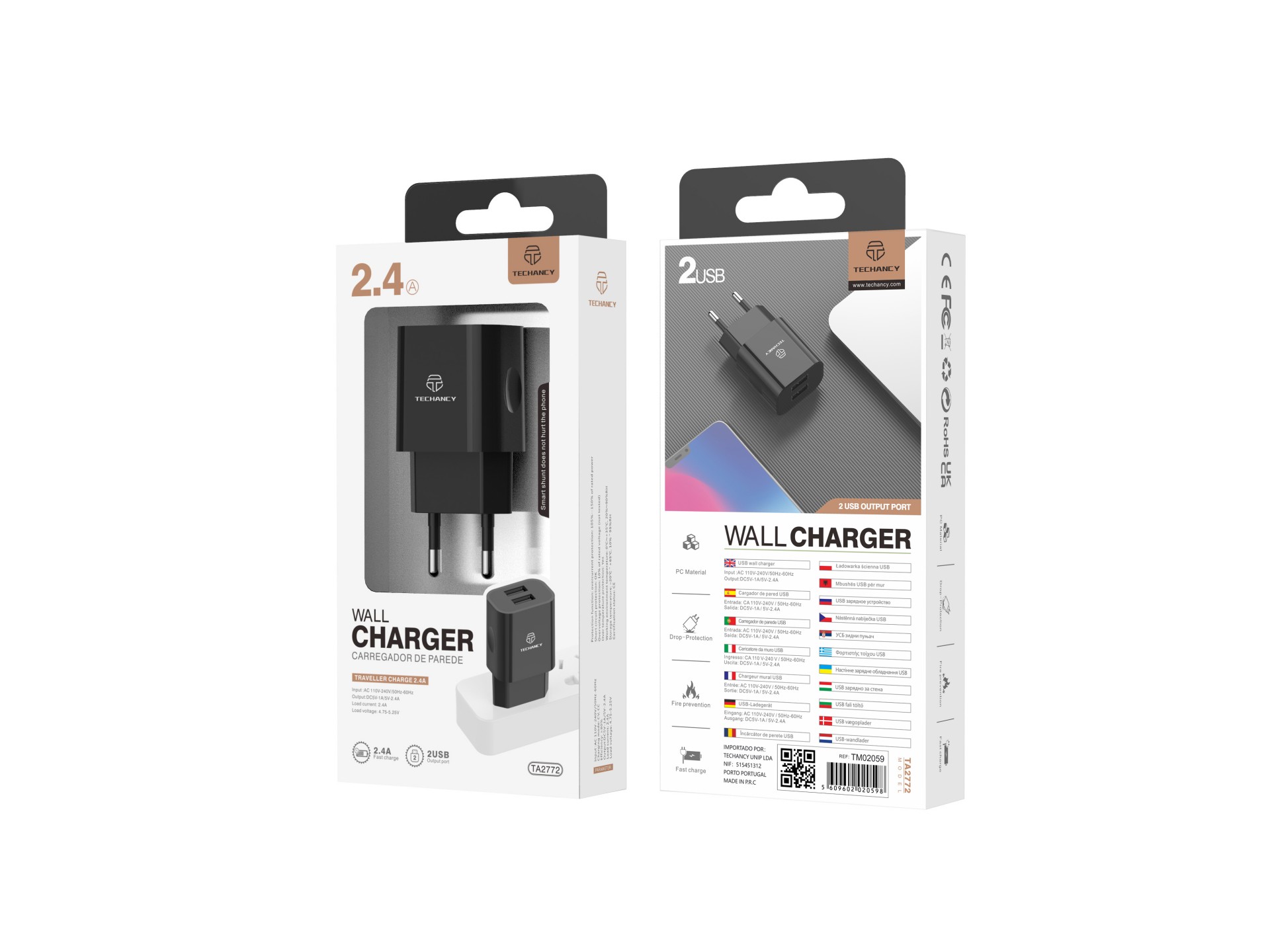 Techancy TA2790 Black 2-USB Wall Charger, 5V-2.4A Charging, 1m Lightning Cable Set, Compatible with