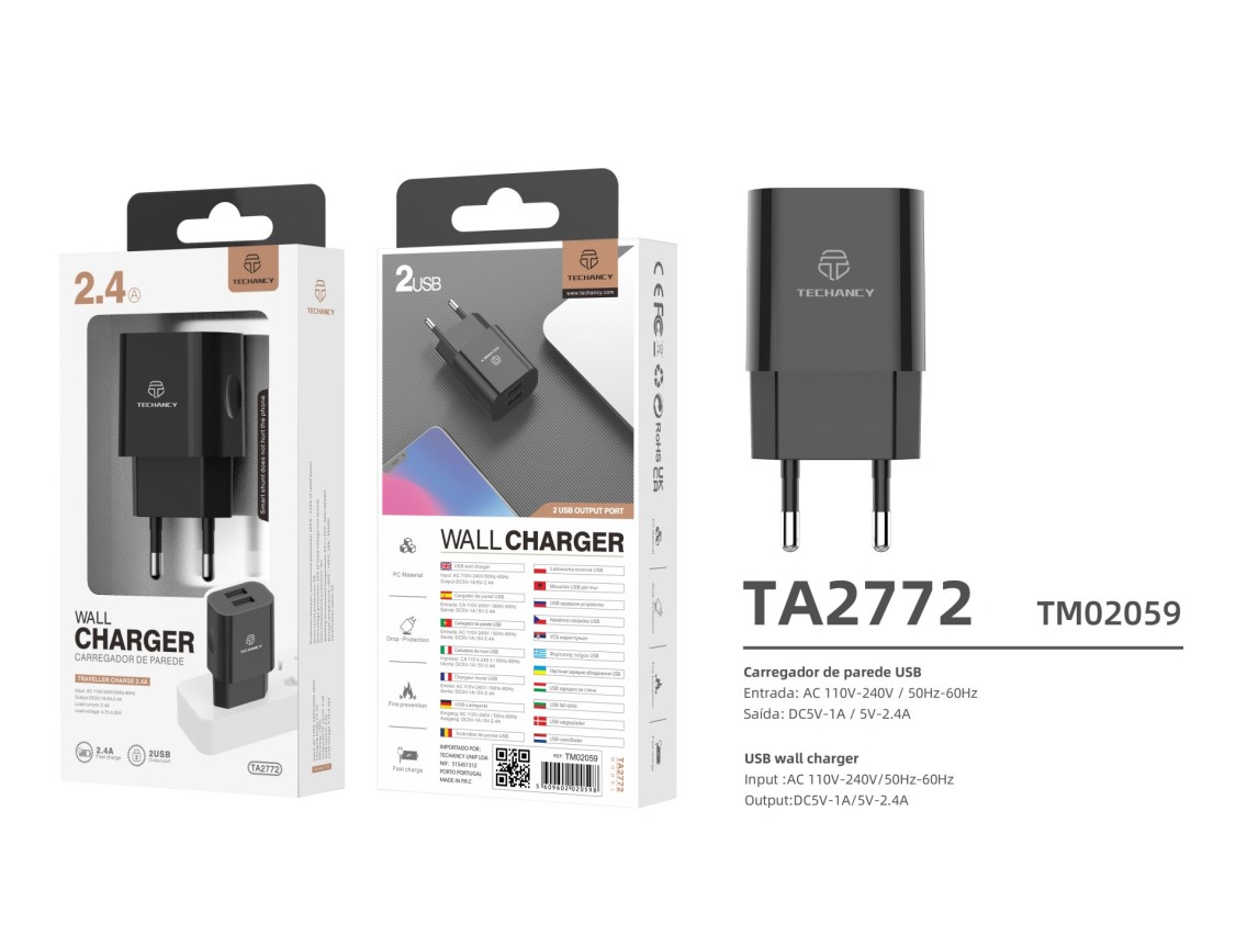 Techancy TA2790 Black 2-USB Wall Charger, 5V-2.4A Charging, 1m Lightning Cable Set, Compatible with