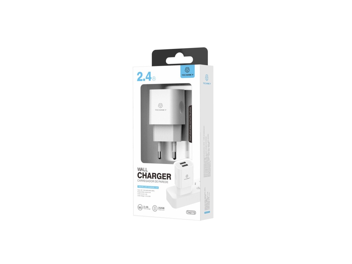 Techancy TA2772 White USB Wall Charger, 5V-2.4A 2USB Charging Compatible with Different Device Needs
