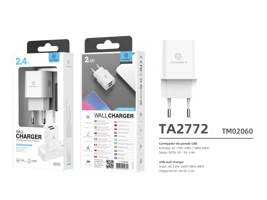 Techancy TA2772 White USB Wall Charger, 5V-2.4A 2USB Charging Compatible with Different Device Needs