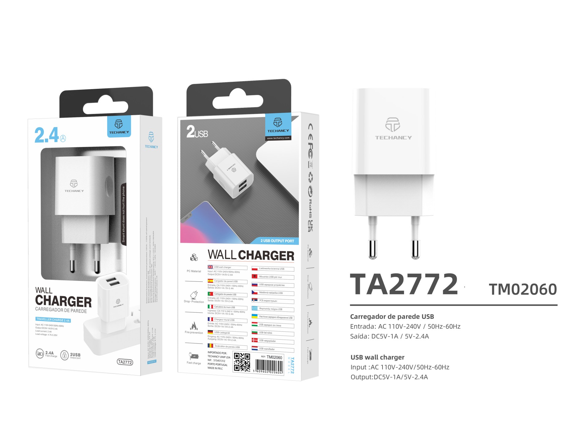 Techancy TA2772 White USB Wall Charger, 5V-2.4A 2USB Charging Compatible with Different Device Needs