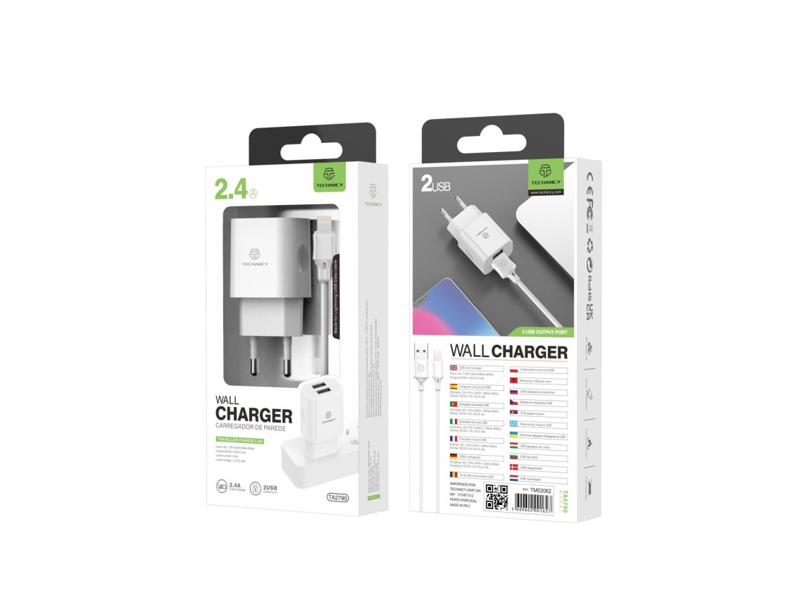 Cargador de pared Techancy 2USB blanco TA2790, carga de 5 V-2,4 A, cable Lightning de 1 m, compatibl