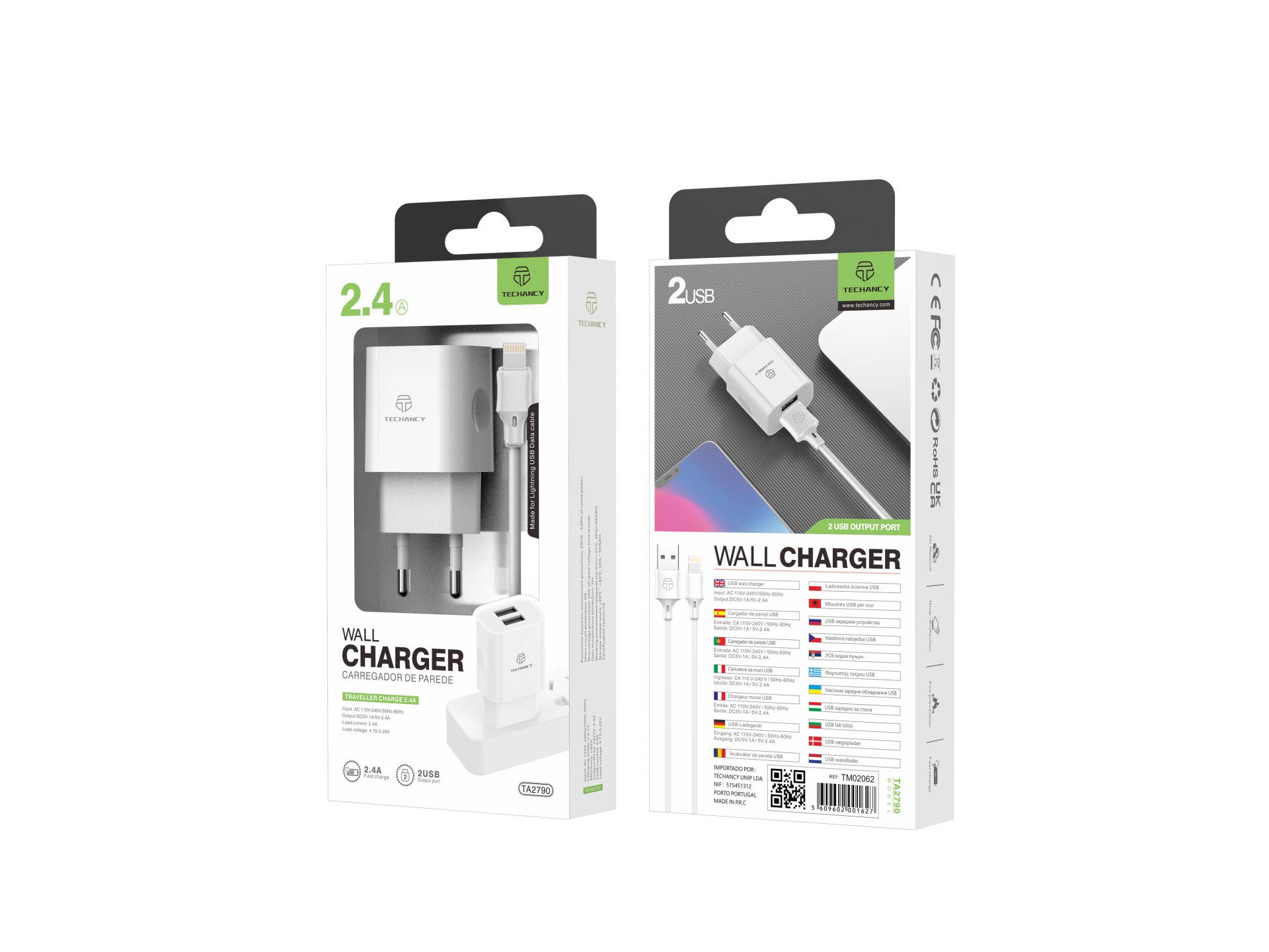 Cargador de pared Techancy 2USB blanco TA2790, carga de 5 V-2,4 A, cable Lightning de 1 m, compatibl