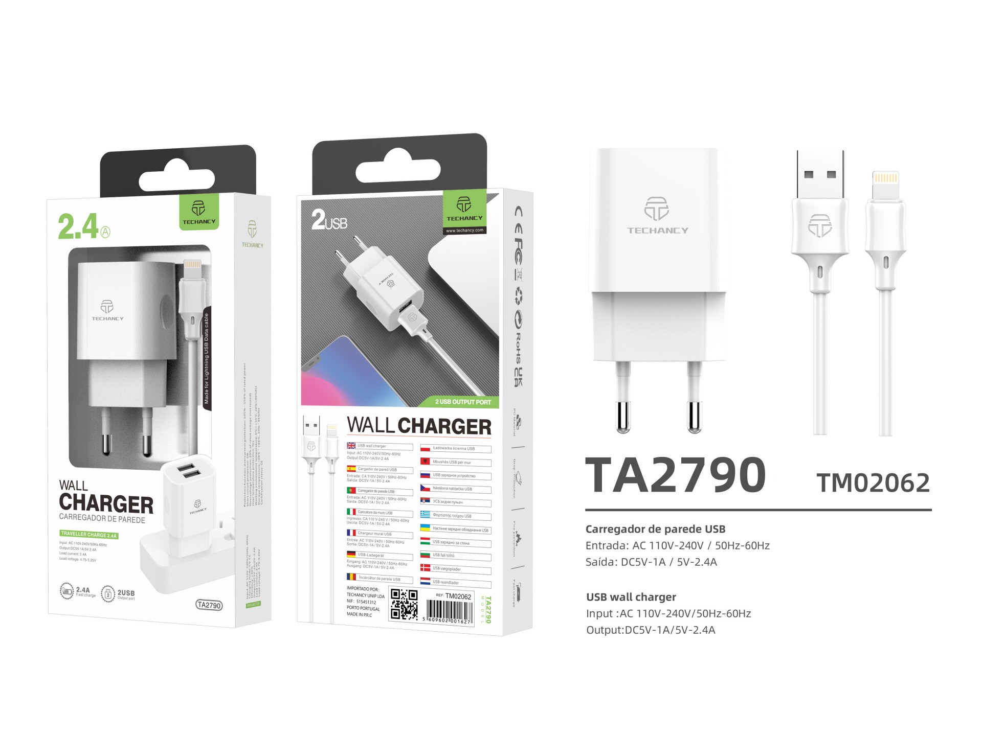 Cargador de pared Techancy 2USB blanco TA2790, carga de 5 V-2,4 A, cable Lightning de 1 m, compatibl