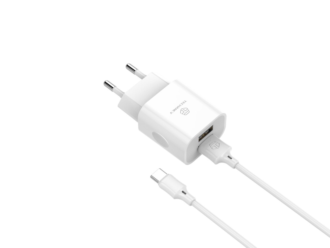 Techancy 2USB Wall Charger White TA2791, 5V-2.4A Charging, 1m USB-Type-C Cable Set, Supports USB-C M