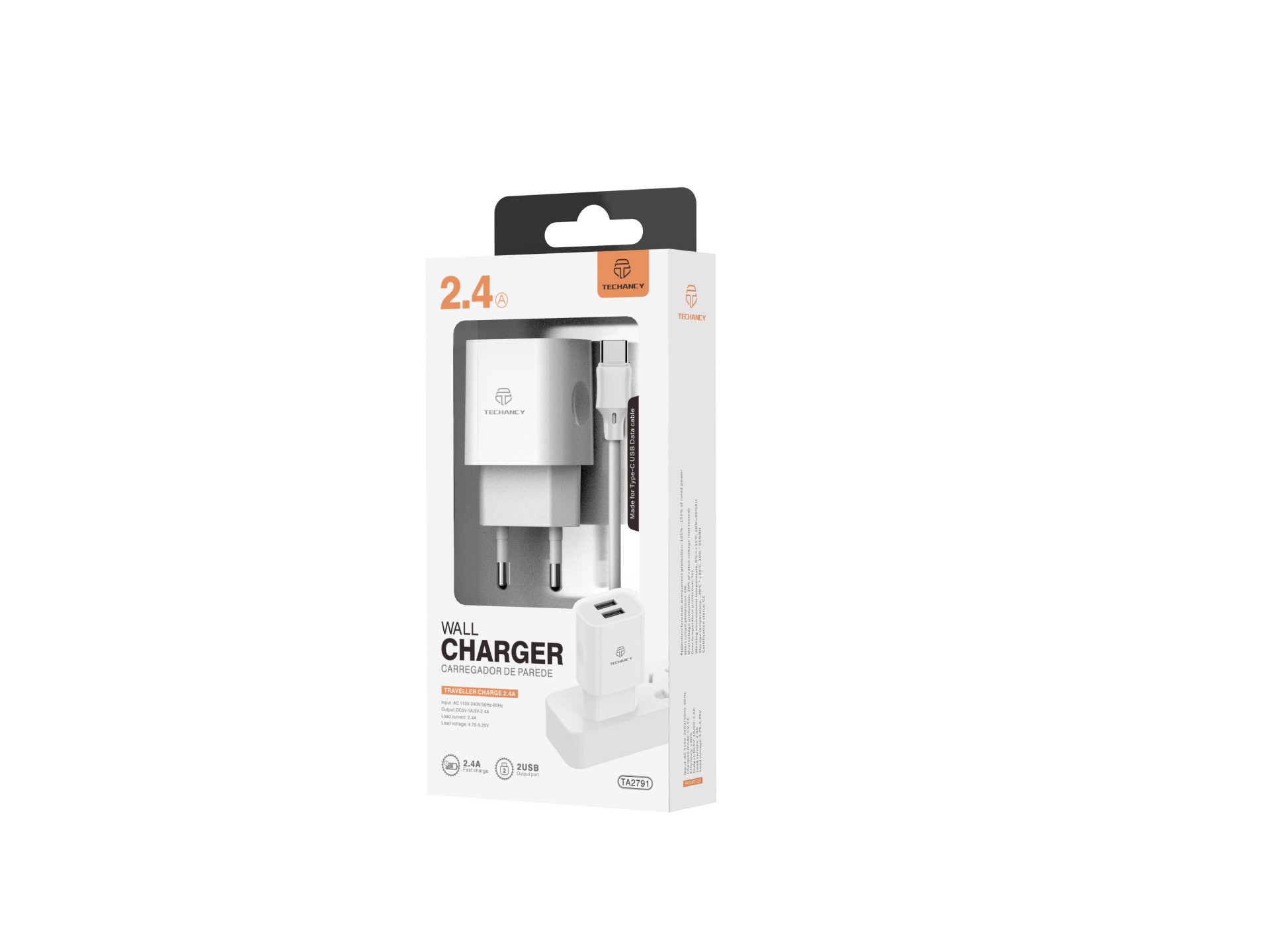 Techancy 2USB Wall Charger White TA2791, 5V-2.4A Charging, 1m USB-Type-C Cable Set, Supports USB-C M