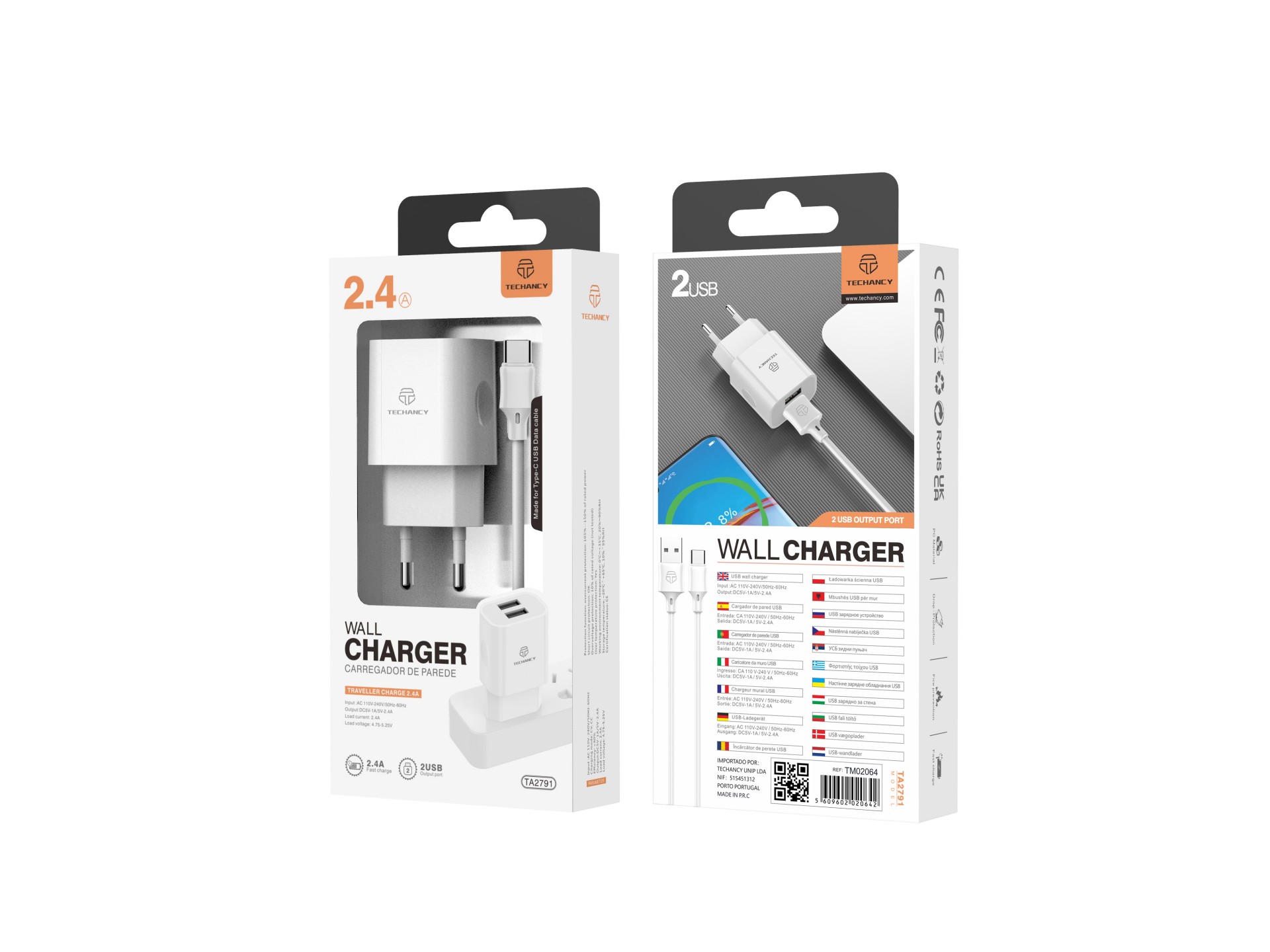 Techancy 2USB Wall Charger White TA2791, 5V-2.4A Charging, 1m USB-Type-C Cable Set, Supports USB-C M