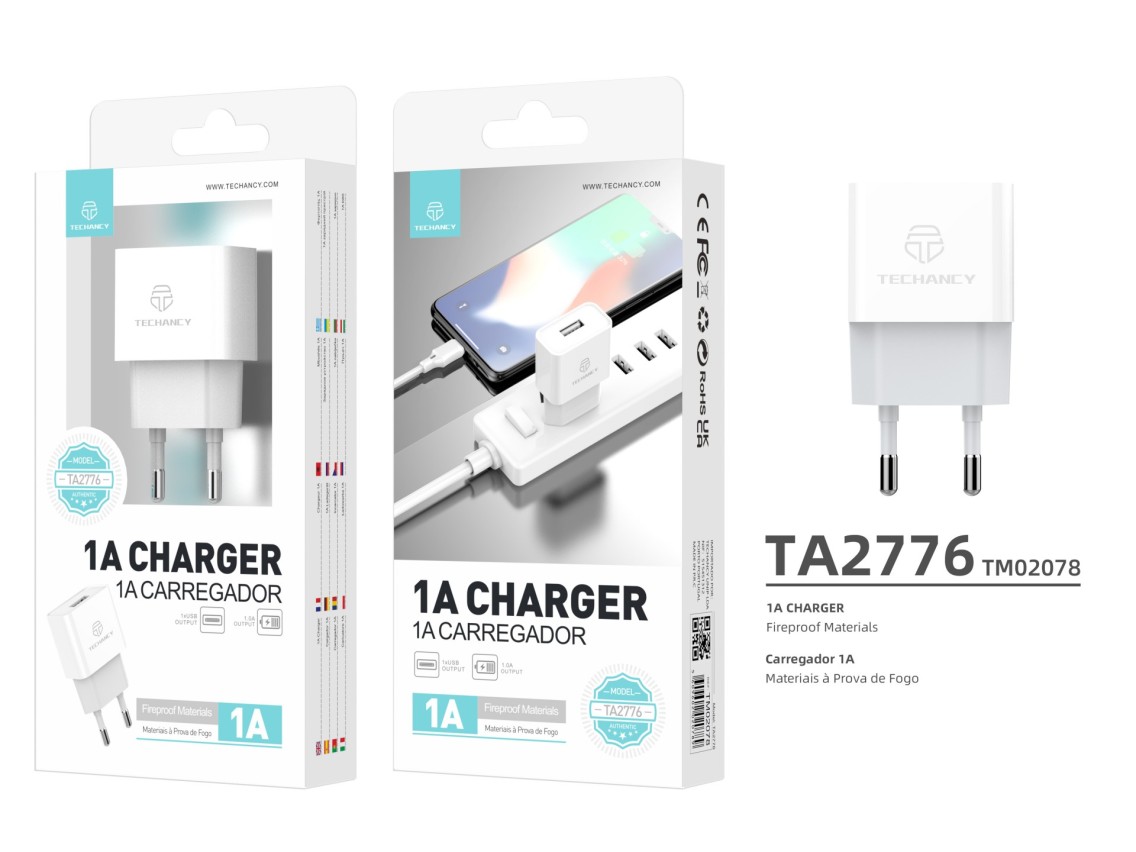 Techancy TA2776 White USB Mobile Phone Charger, 5V-1A Stable Charging Output, Compatible with Multip