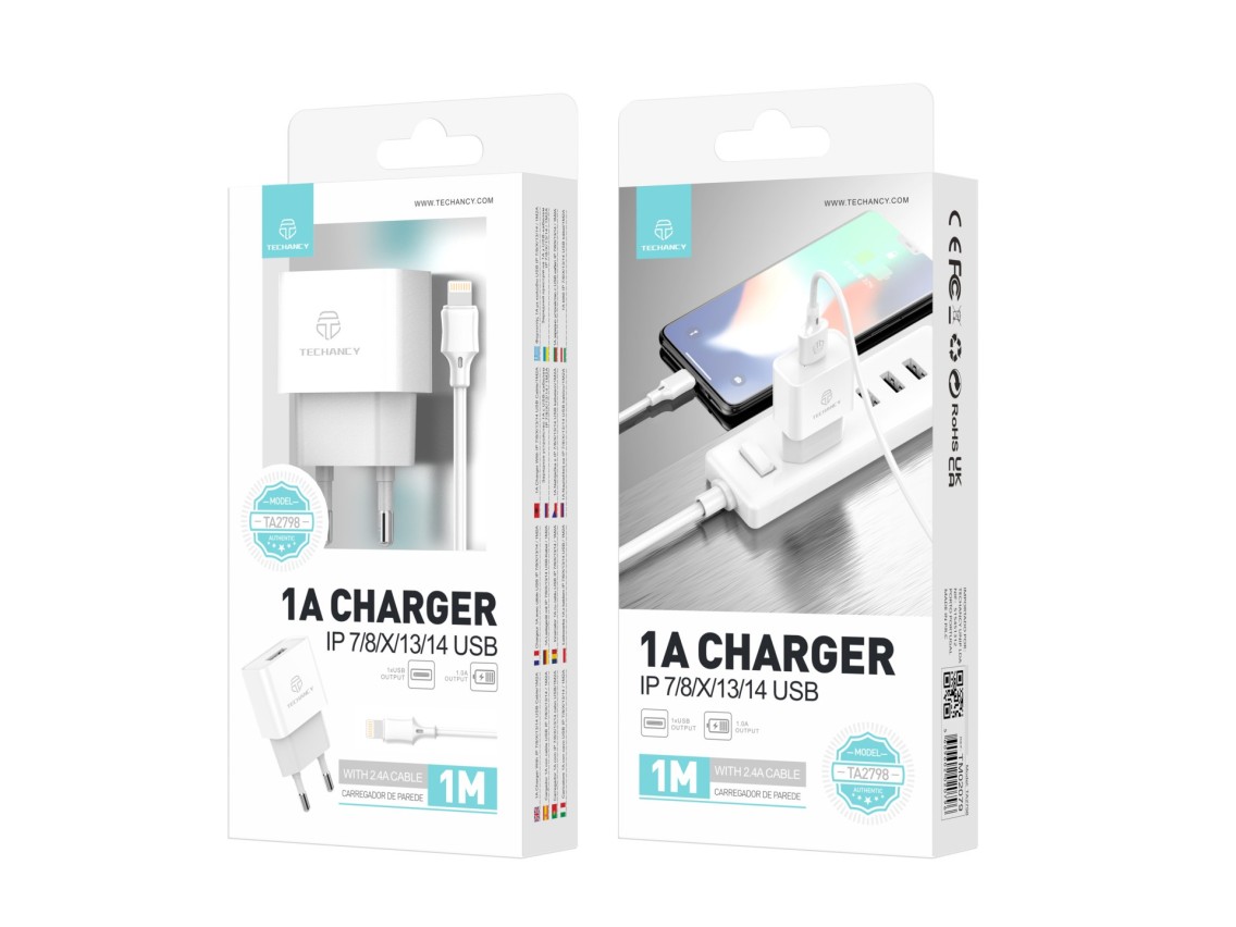 Techancy White TA2776 USB Mobile Phone Charger, Stable Charging 5V-1A With 1m USB-Lightning Cable Se