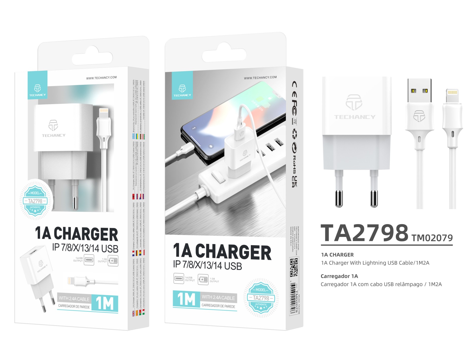 Techancy White TA2776 USB Mobile Phone Charger, Stable Charging 5V-1A With 1m USB-Lightning Cable Se